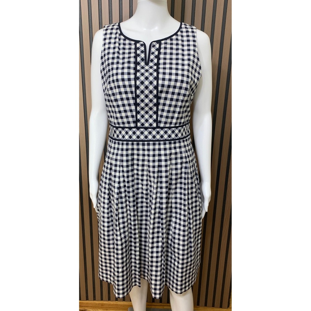 Talbots Petite Women's Navy Gingham Cotton Fit Flare Dress Pockets 6P Classic
